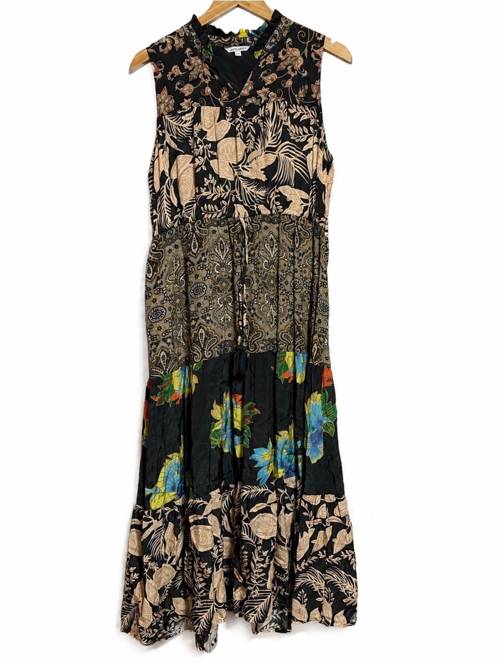 John Mark Mixed Print Boho Maxi Dress Sleeveless Tassel Tie L NWOT